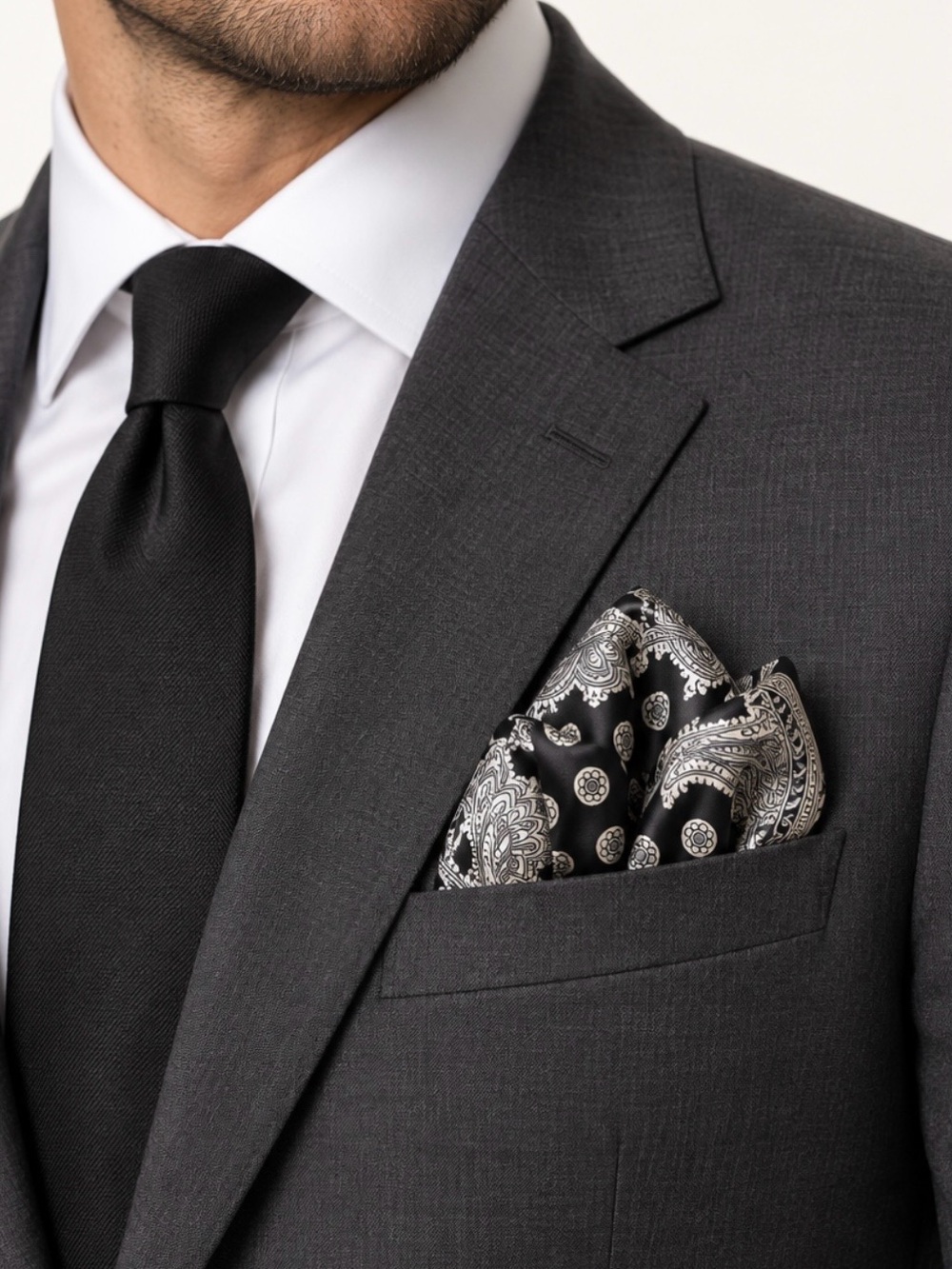 Black Paisley Pocket Square with Silver Accents - Men Accessories 100% Silk